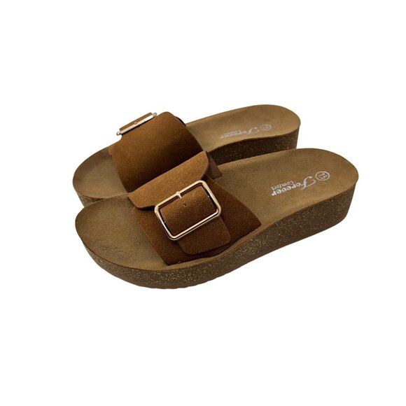 Forever Comfort Womens 7.5 Slip-On Platform Sandals Buckle Detail Cushioned Sole - Picture 1 of 15